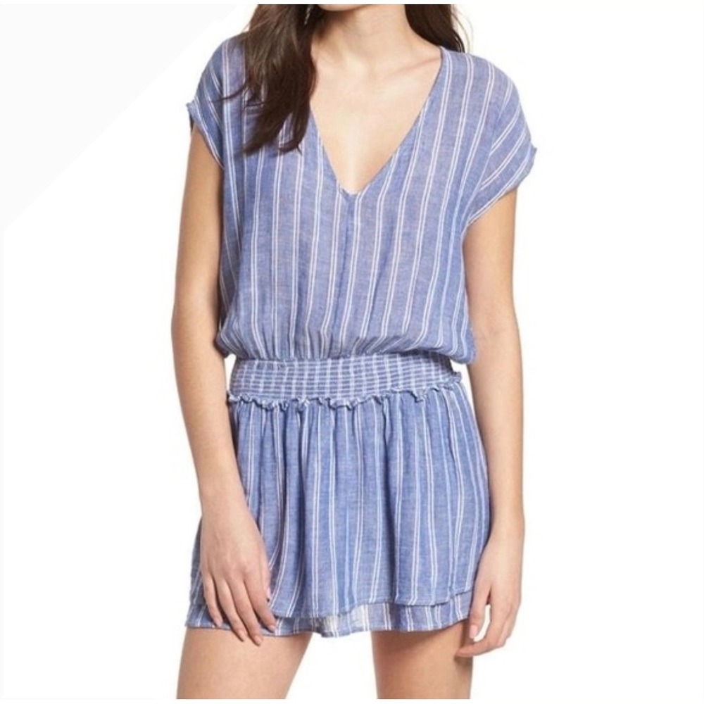 Rails Lucca Linen Blend Mini Dress Womens Medium Blue Striped Coastal Summer